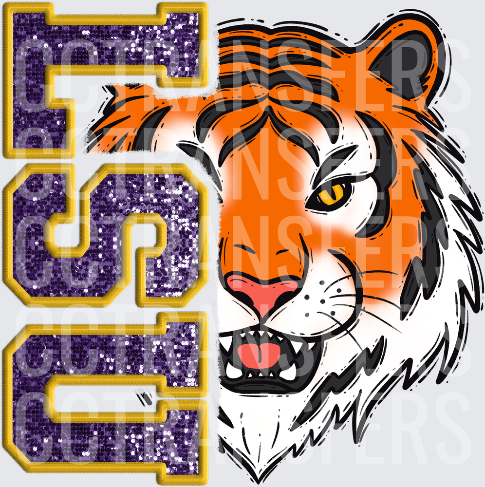 LSU Glitter Purple Gold Letters Fierce Tiger Face (DTF)