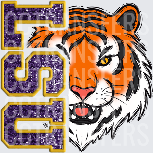 LSU Glitter Purple Gold Letters Fierce Tiger Face (DTF)