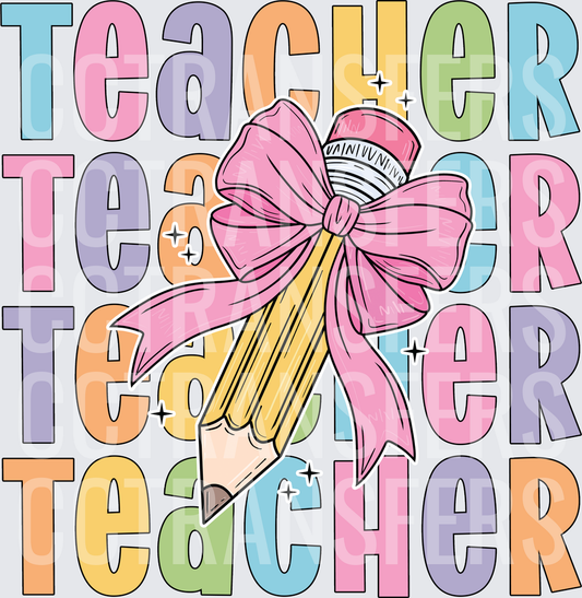 Pastel Teacher Stacked Word Pencil with Pink Bow (DTF)