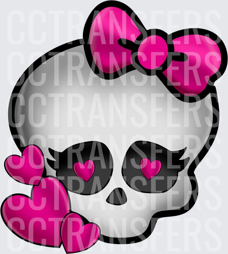 Girly Skull Pink Bow Heart Eyes Pink Hearts (DTF)