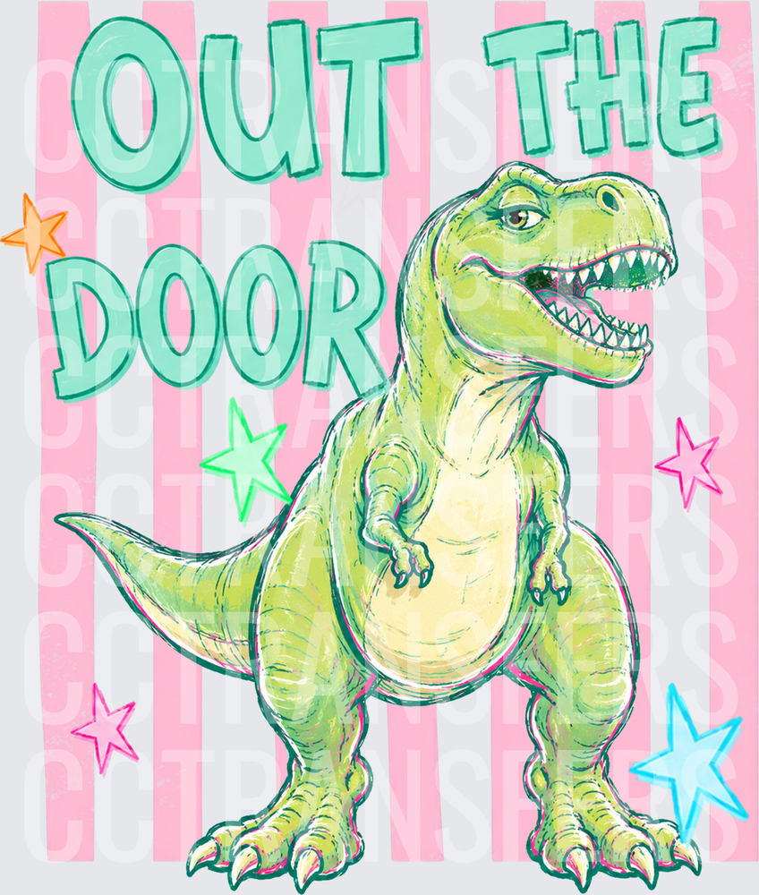 Out The Door Green T-Rex Dinosaur Colorful Stars (DTF)