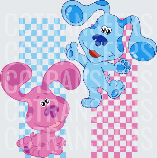Blue and Pink Cartoon Puppies Checkered Pattern (DTF)