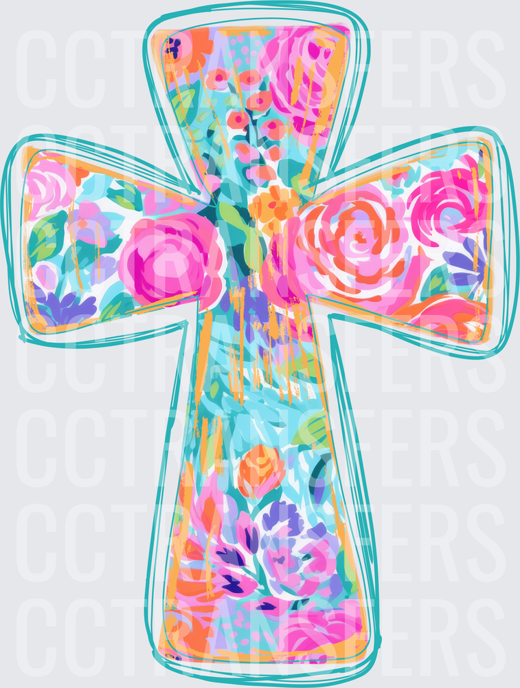 Colorful Floral Christian Cross Teal Sketch Border (DTF)