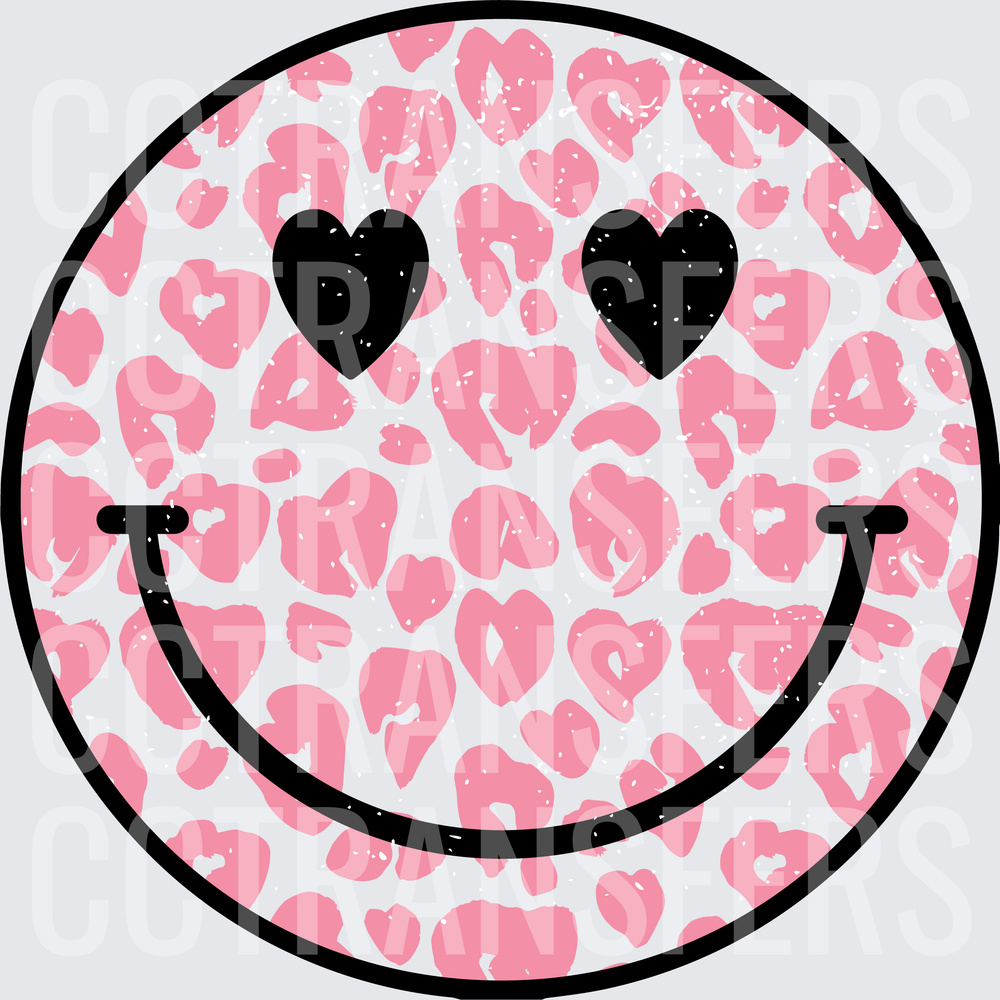 Pink Leopard Print Smiley Face with Heart Eyes (DTF)
