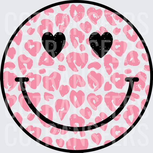 Pink Leopard Print Smiley Face with Heart Eyes (DTF)