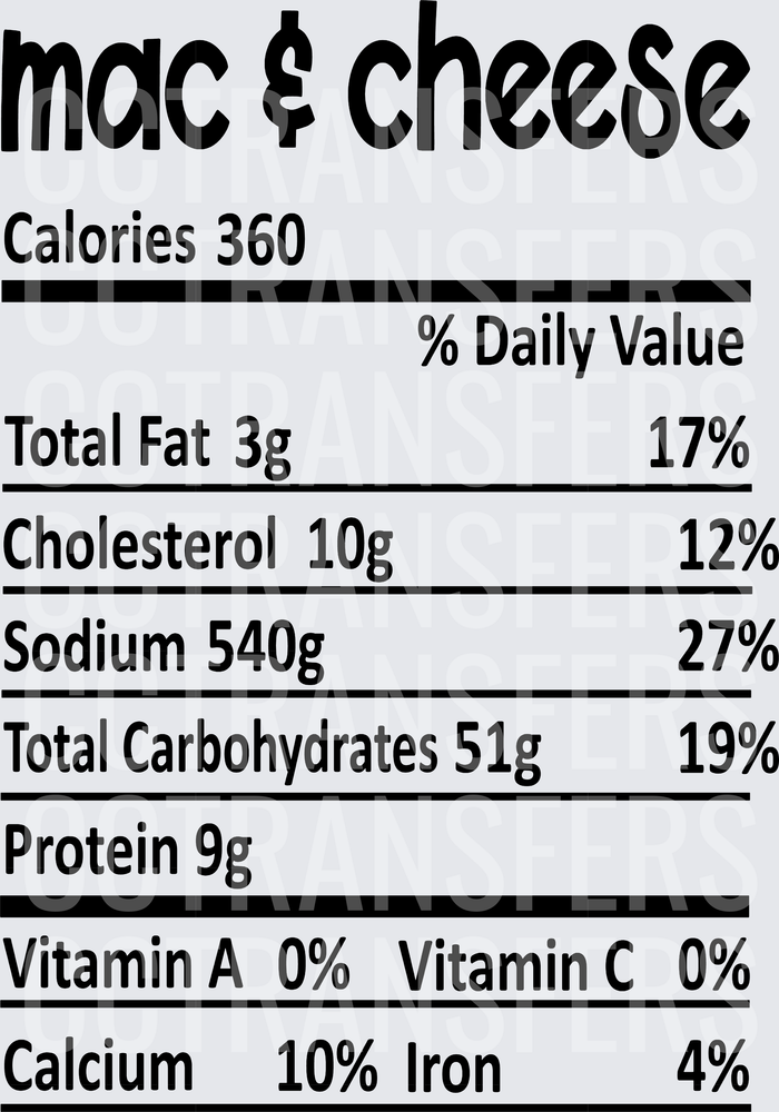 Mac & Cheese Nutrition Facts Label Bold Text (DTF)