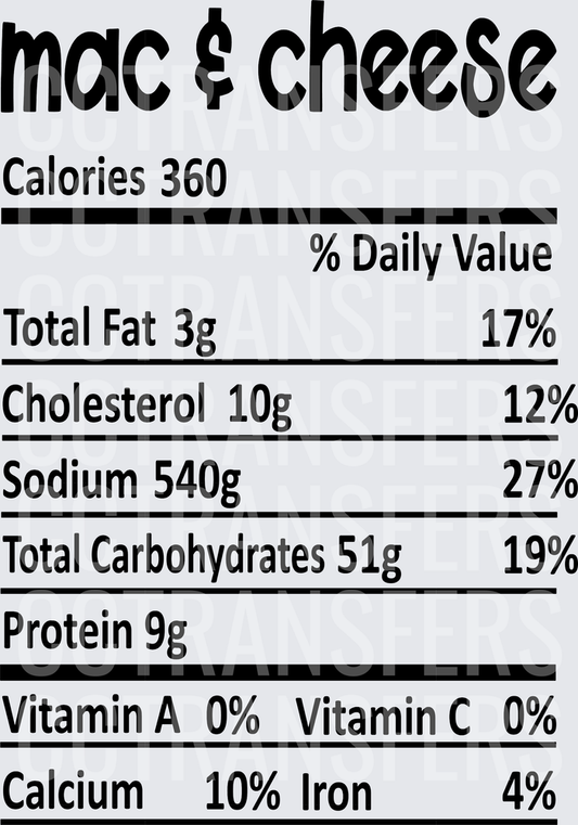 Mac & Cheese Nutrition Facts Label Bold Text (DTF)