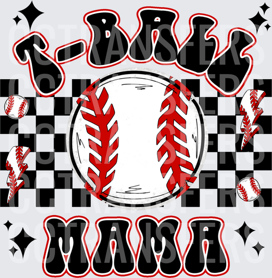 T-Ball Mama Retro Checkered Baseball Bolt Design (DTF)