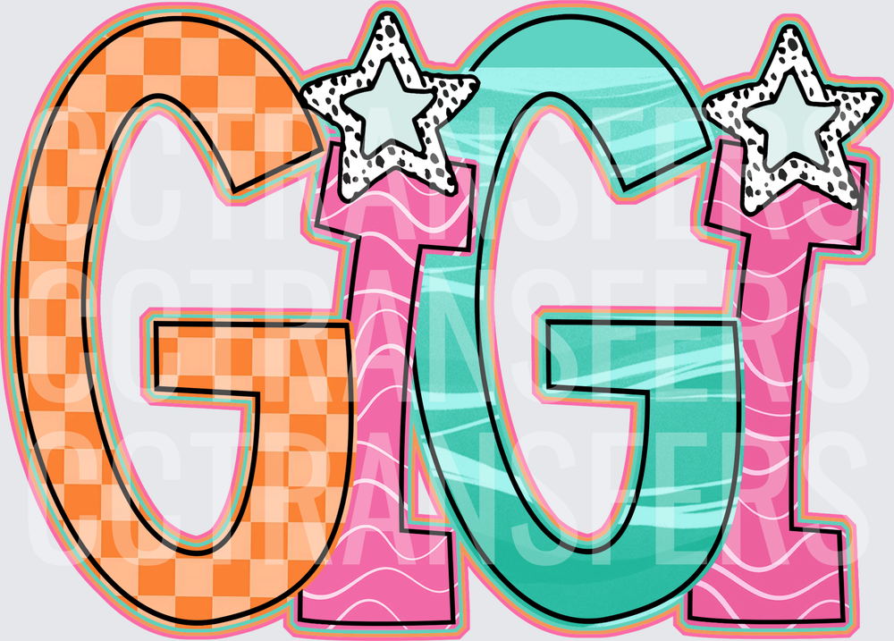 Colorful GIGI Bold Letters with Dalmatian Stars (DTF)