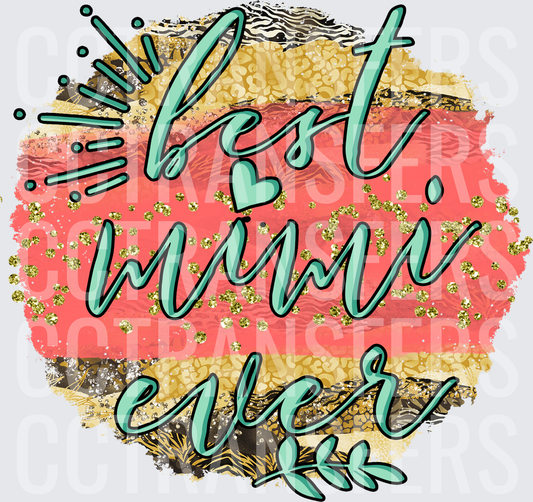 Best Mimi Ever Teal Script Gold Glitter Animal Print (DTF)