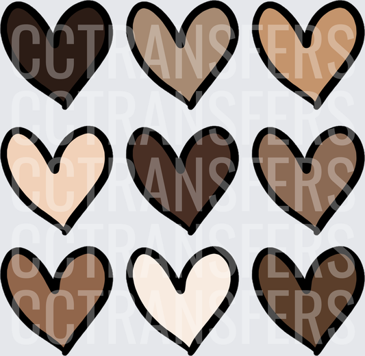 Nine Earth Tone Brown Shade Hearts Grid (DTF)