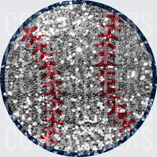 Silver Glitter Baseball with Red Stitching Navy Border (DTF)