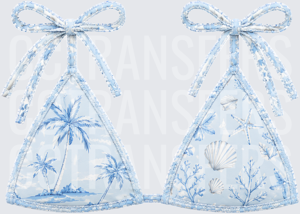 Light Blue Coastal Tropical Palm Tree Seashell Bikini Top (DTF)