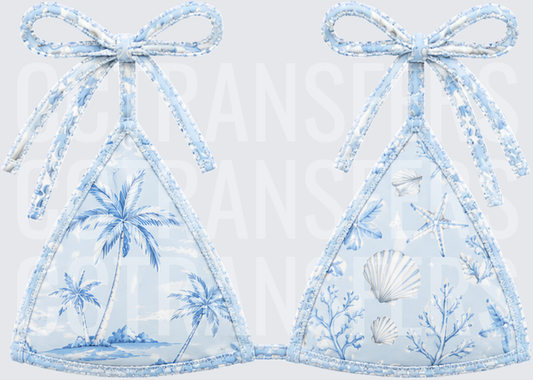 Light Blue Coastal Tropical Palm Tree Seashell Bikini Top (DTF)