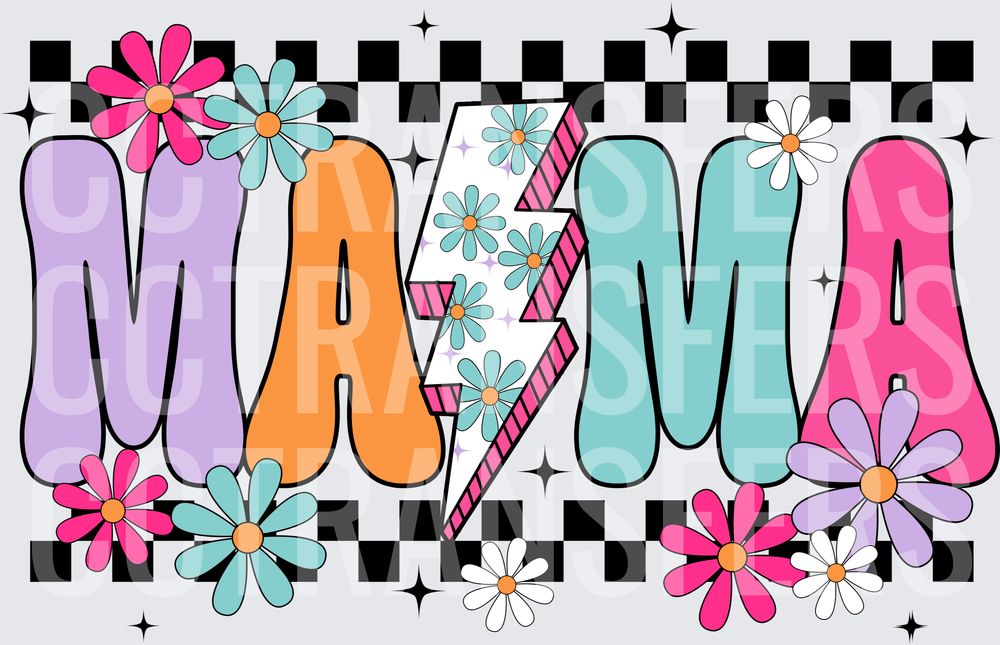 Retro Groovy Mama Lightning Bolt Floral Checkered (DTF)