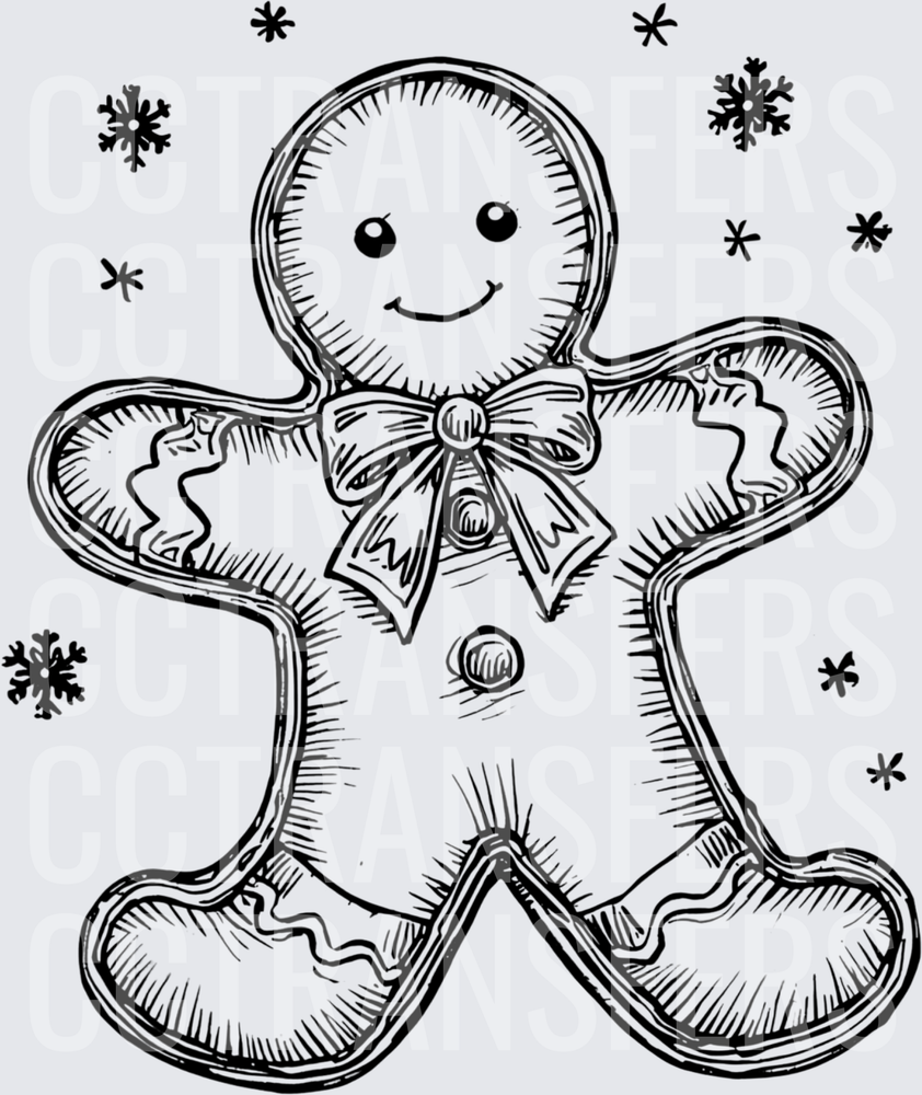 Smiling Gingerbread Man with Bow and Snowflakes (DTF)