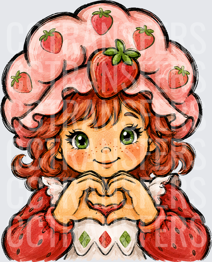 Curly Red Hair Girl Strawberry Hat Heart Hands (DTF)