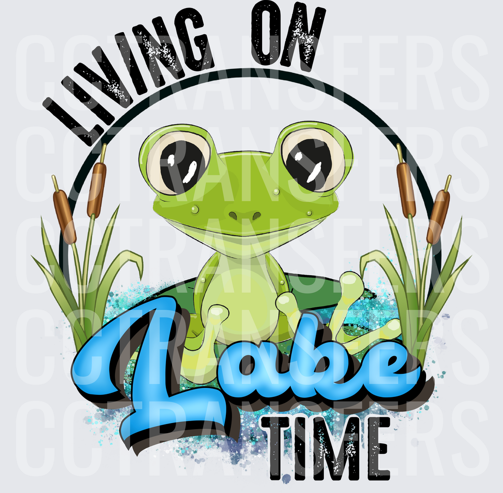 Living On Lake Time Cute Frog on Lily Pad Cattails (DTF)
