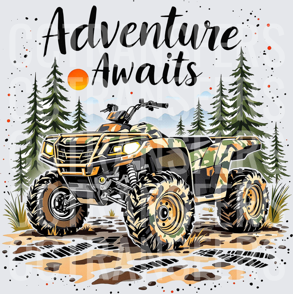 Adventure Awaits Camo ATV Mud Trails Pine Trees (DTF)