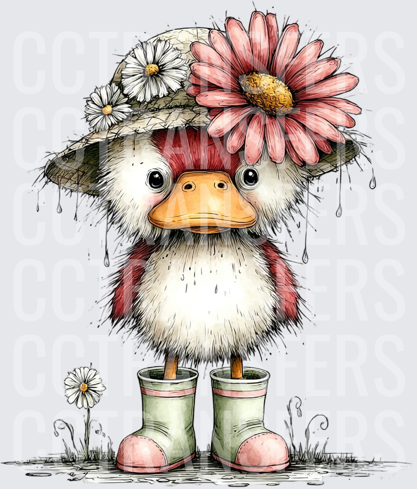 Fluffy Duck Floral Hat Rain Boots Rainy Day (DTF)