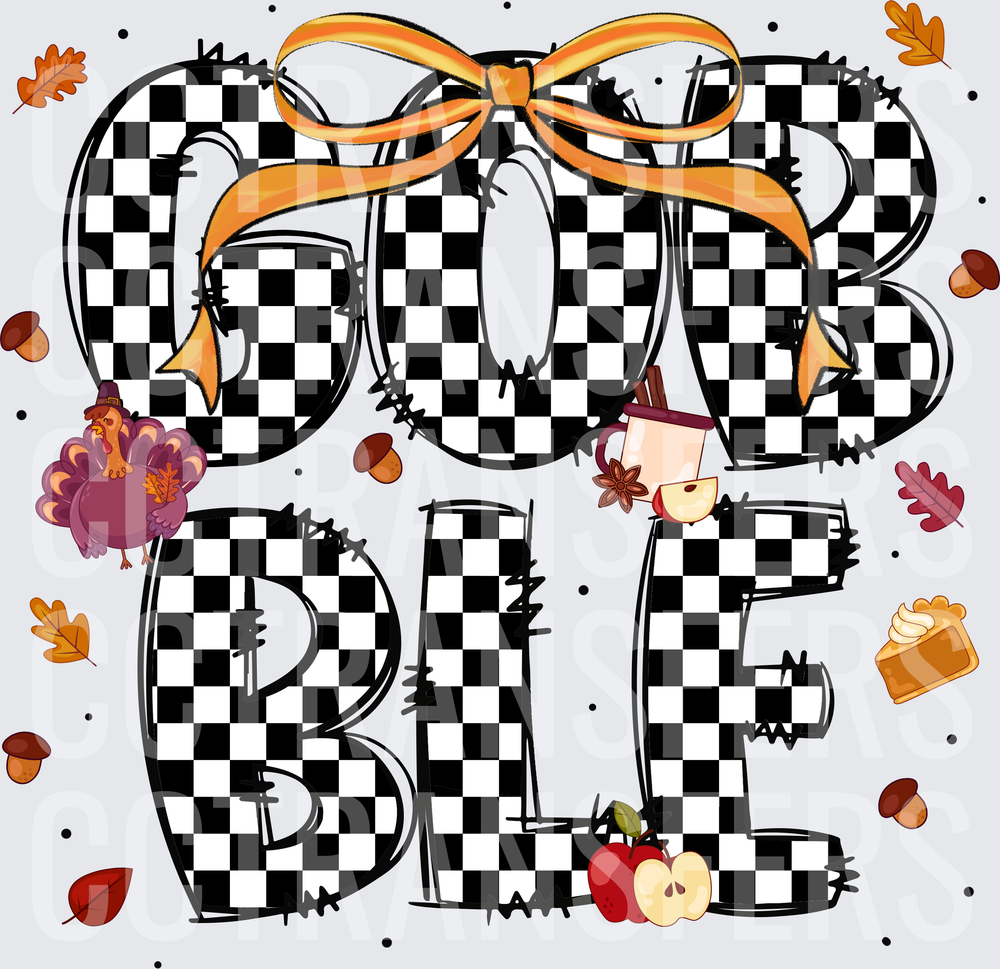 Gobble Checkered Thanksgiving Turkey Fall Leaves (DTF)