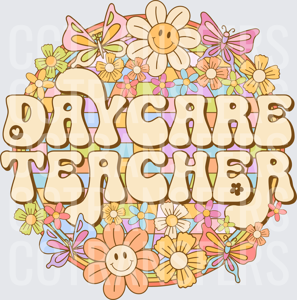 Daycare Teacher Retro Groovy Floral Smiley Butterfly (DTF)
