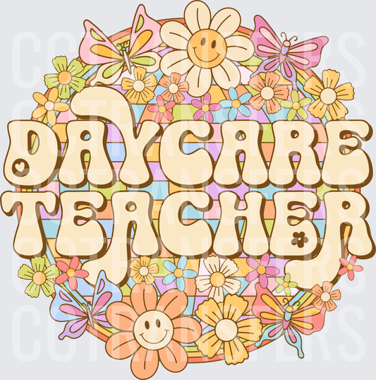 Daycare Teacher Retro Groovy Floral Smiley Butterfly (DTF)