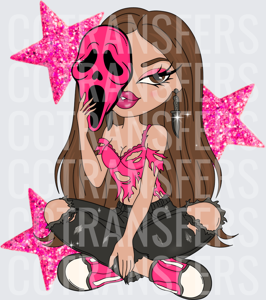 Sassy Girl Holding Pink Horror Mask Glitter Stars (DTF)