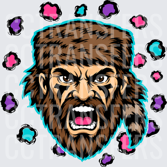 Angry Bearded Warrior Fur Hat War Paint Colorful Splats (DTF)