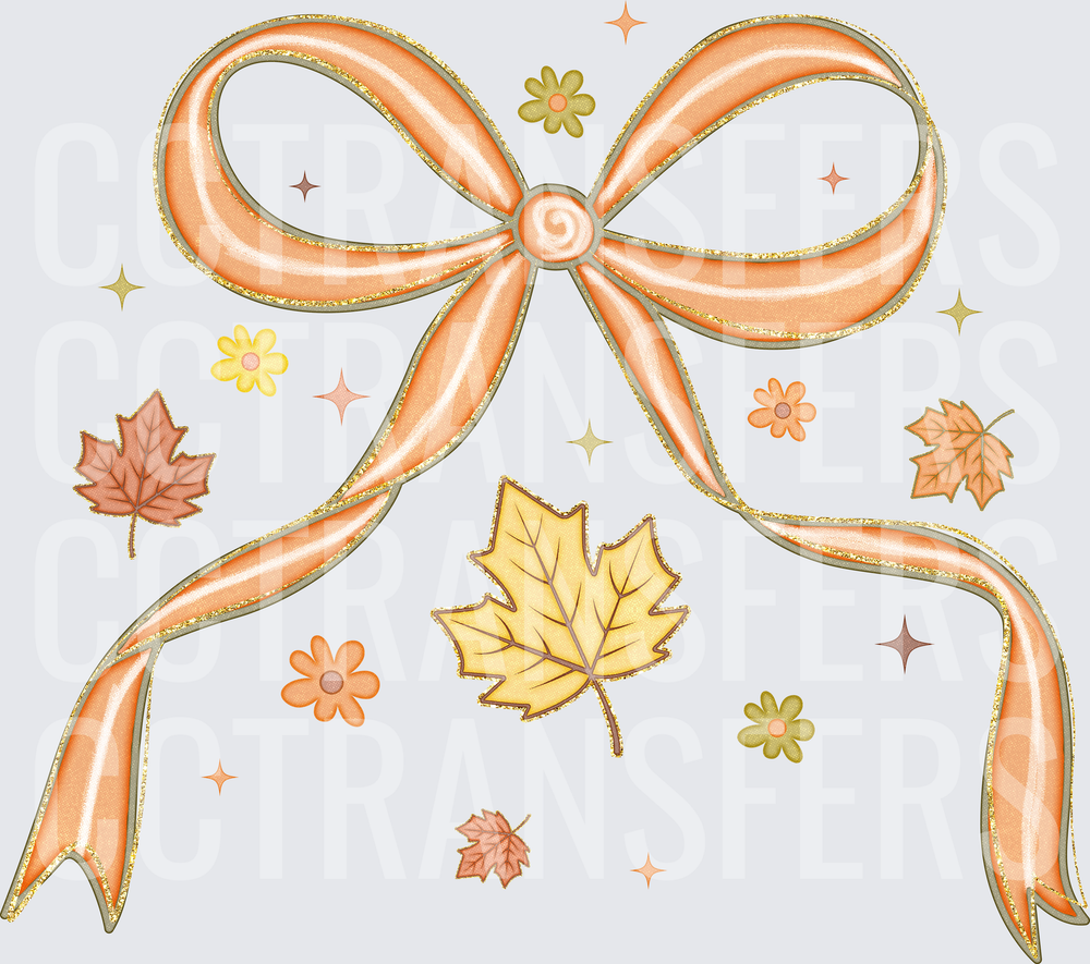 Autumn Bow with Fall Leaves and Wildflowers Gold Glitter (DTF)