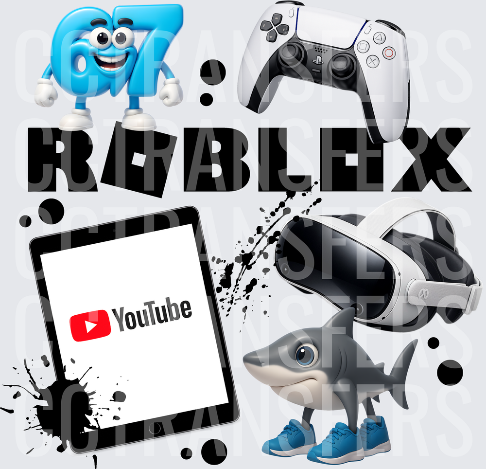 Gamer Kid Tech Collage with Cartoon Numbers and Baby Shark (DTF)