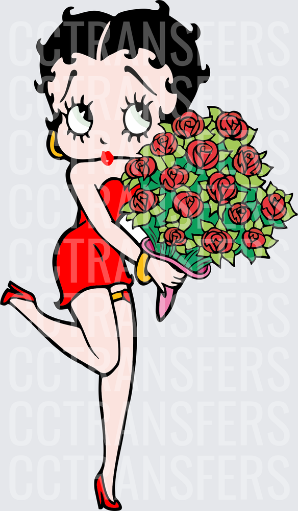 Vintage Cartoon Girl Red Dress Holding Rose Bouquet (DTF)