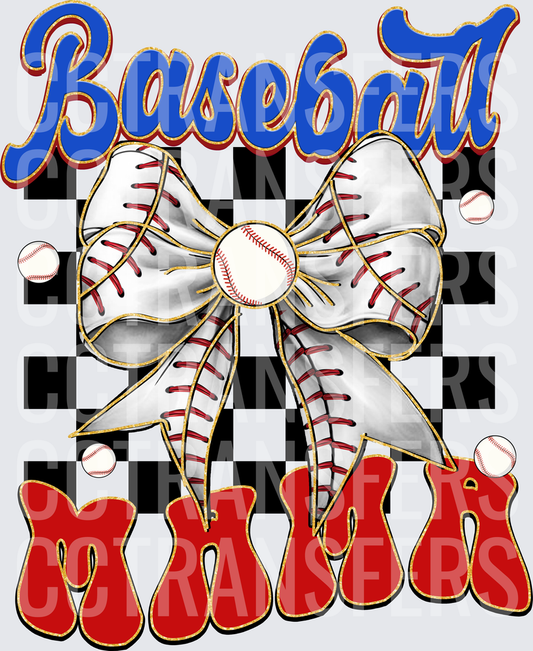 Baseball Mama Coquette Bow Checkered Design (DTF)