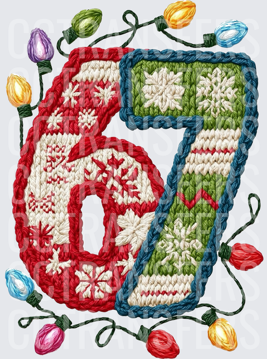 Ugly Sweater Knit Numbers 67 with Christmas Lights (DTF)