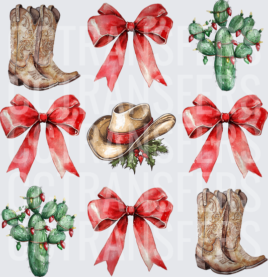 Western Christmas Boots Bows Cactus Cowboy Hat Bundle (DTF)