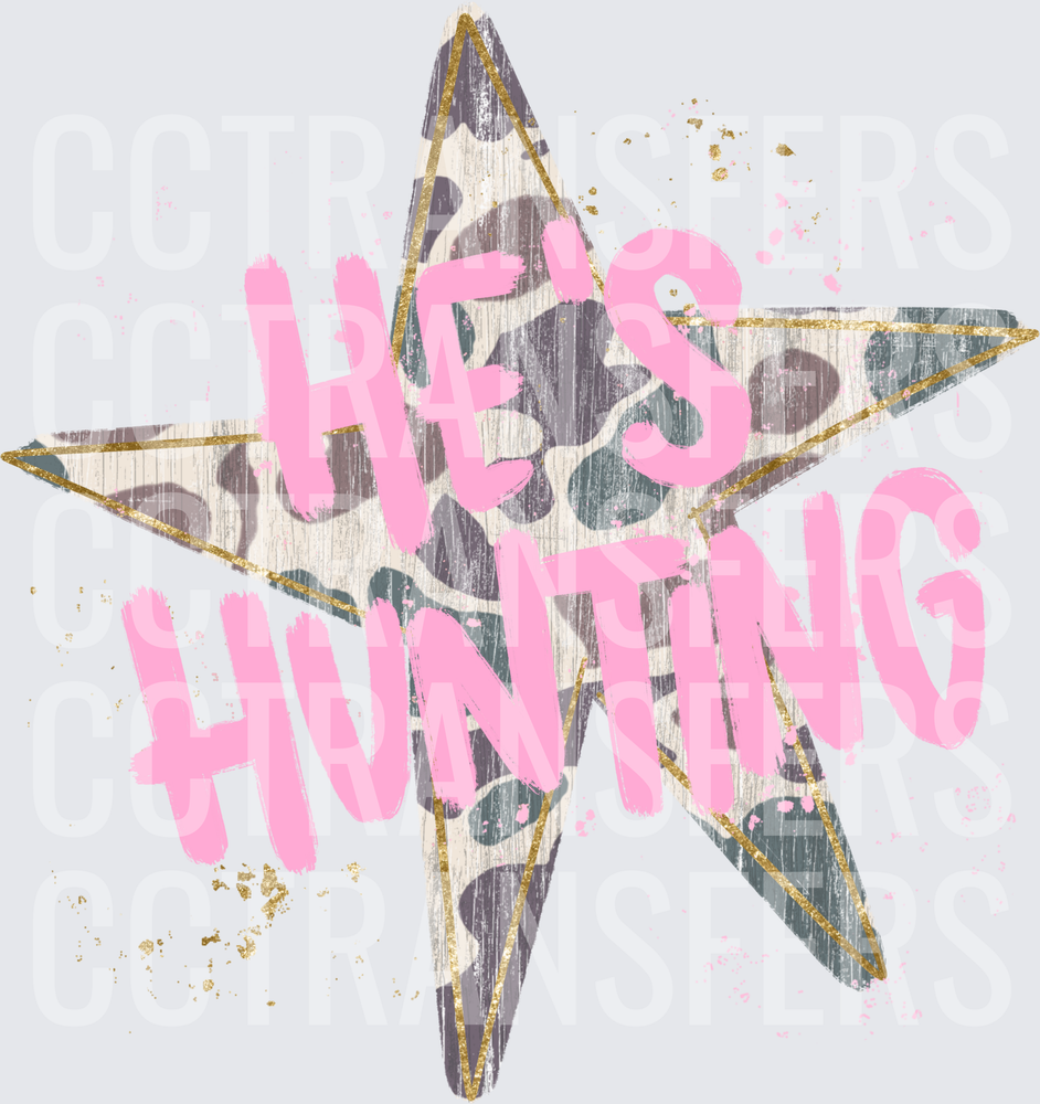 He's Hunting Camo Star Pink Gold Glitter (DTF)