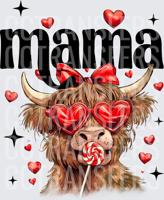 Mama Highland Cow Heart Sunglasses Valentine Lollipop (DTF)