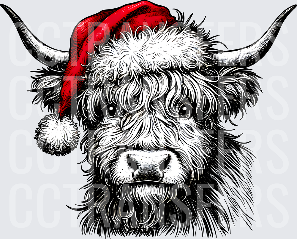 Fluffy Horned Cow Santa Hat Christmas Portrait (DTF)