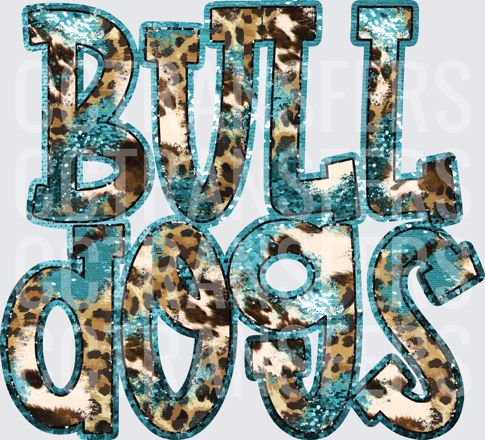 Bulldogs Teal Sequin Leopard Print Bold Lettering (DTF)