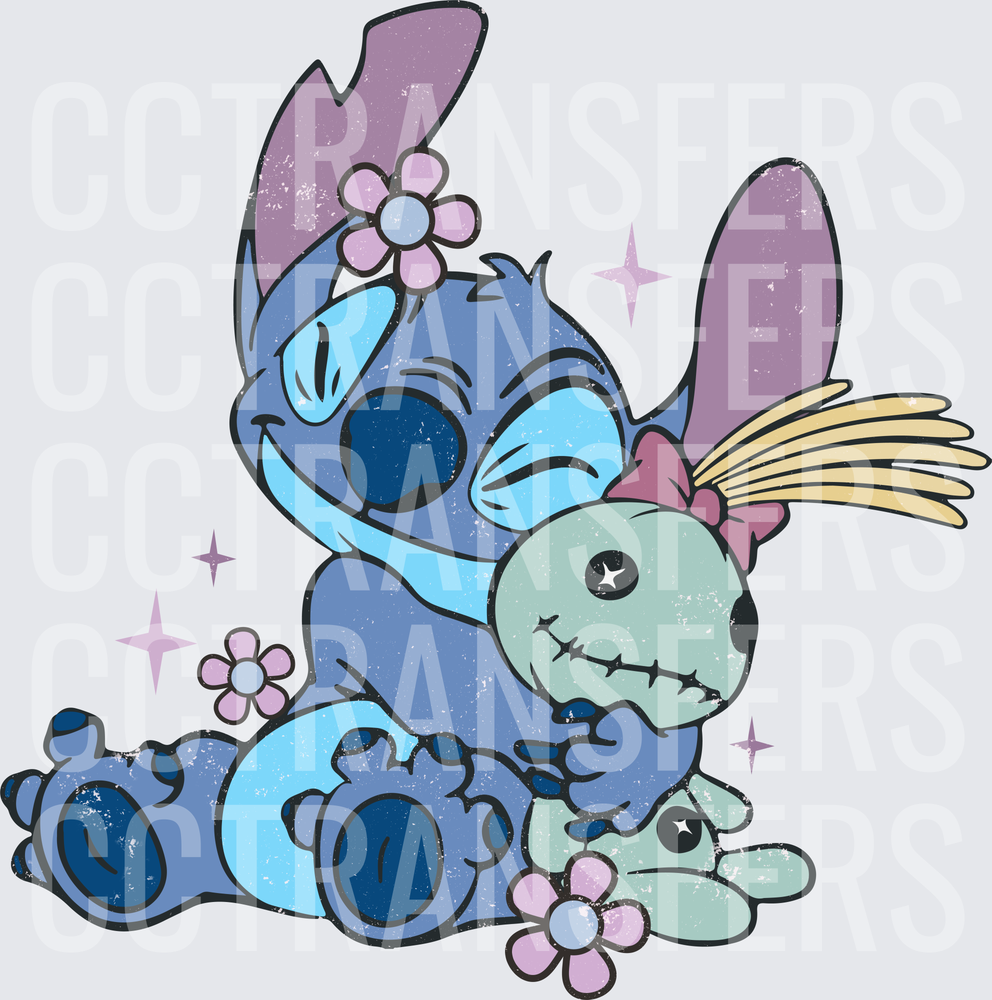 Cute Blue Alien Hugging Rag Doll with Pink Flowers (DTF)