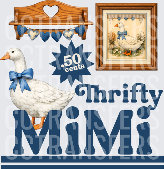 Thrifty MiMi White Goose Blue Bow Farmhouse Grandma (DTF)