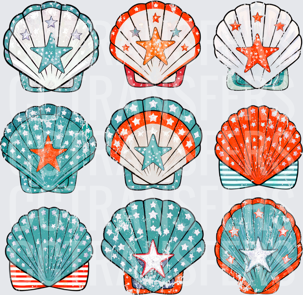 Patriotic Grunge Scallop Shells Stars Stripes Bundle (DTF)