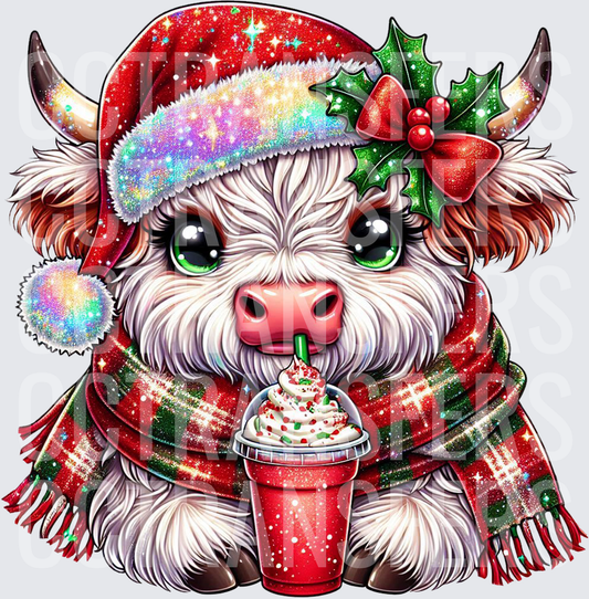 Cute Christmas Highland Cow Santa Hat Holiday Drink (DTF)