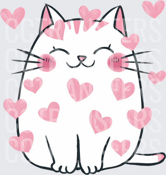 Chubby Happy White Cat Surrounded by Pink Hearts (DTF)