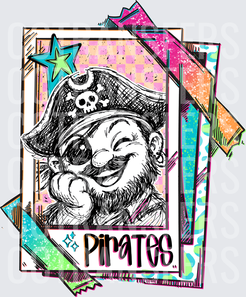 Smiling Pirate Sketch Retro Card Pirates Text (DTF)