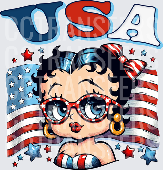 USA Patriotic Cartoon Girl Stars Stripes Flag (DTF)