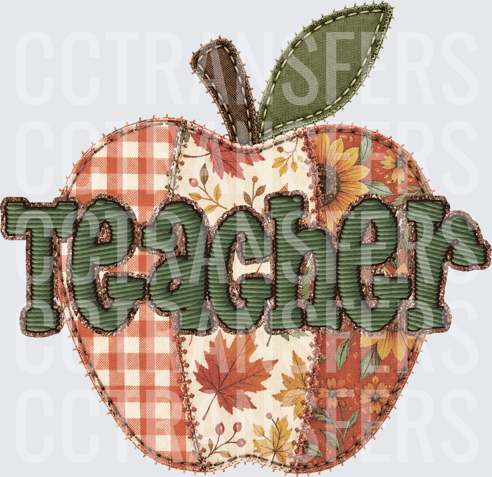 Fall Patchwork Apple Teacher Embroidery Style (DTF)