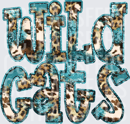 Wild Cats Teal Sequin Leopard Print Bold Letters (DTF)