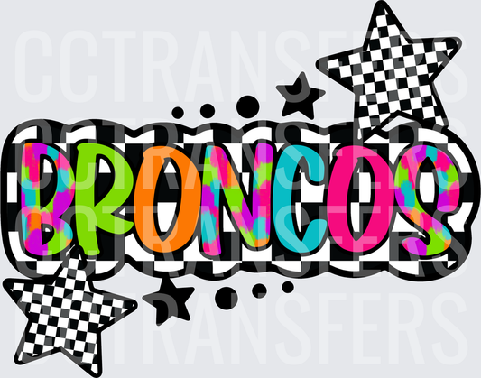 Broncos Retro Tie-Dye Checkered Stars Bold Lettering (DTF)