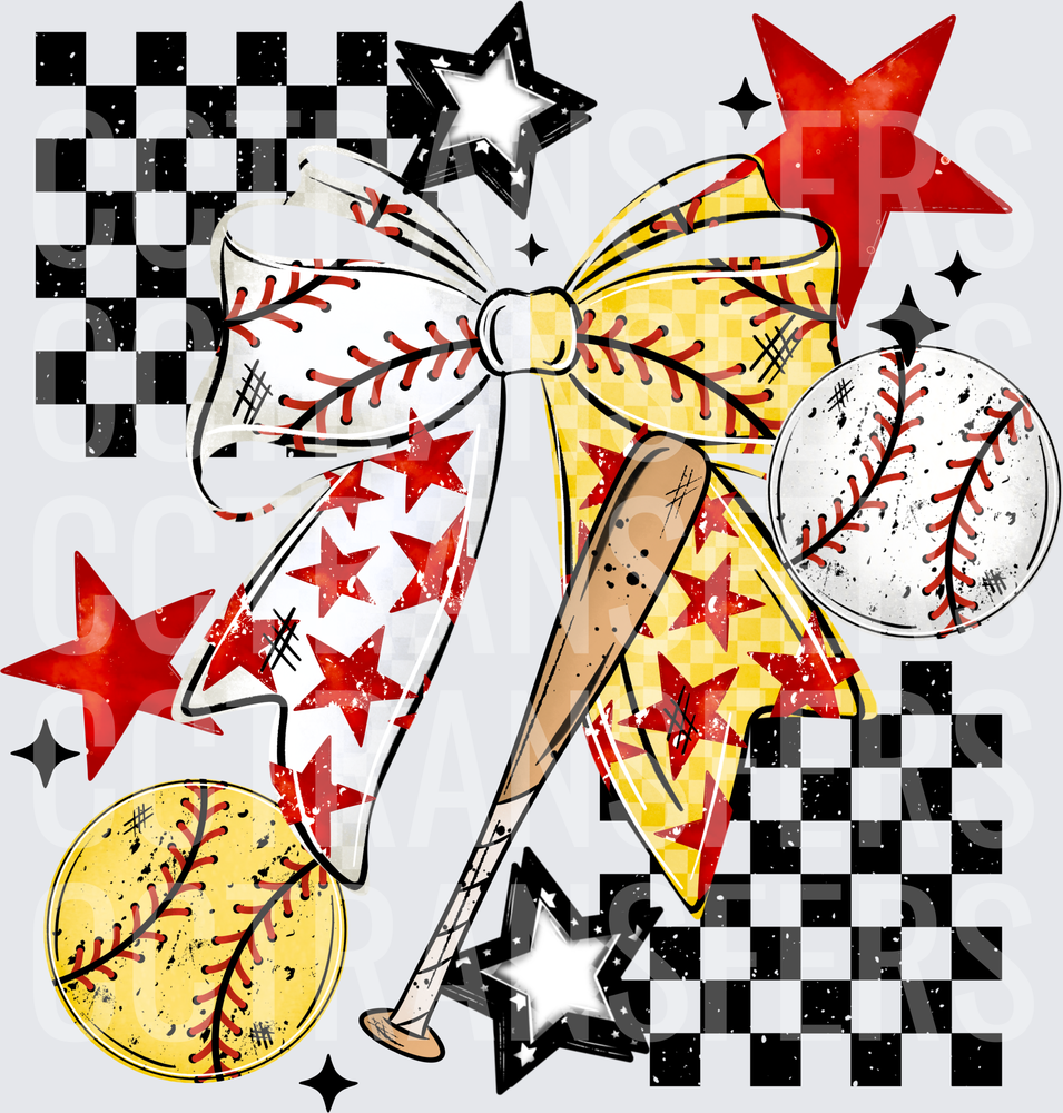 Softball Baseball Bow Bat Stars Checker Grunge (DTF)